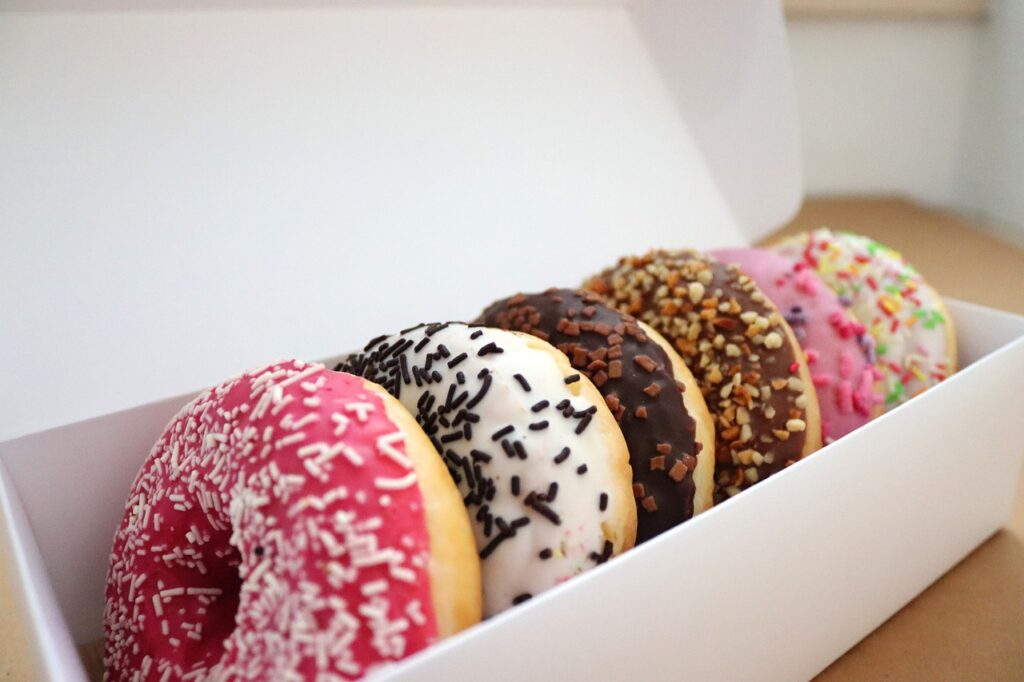 donut, pastry, sweet, sugar, box, packaging, colorful, tasty, icing, chocolate, food, snack, breakfast, donut, donut, donut, donut, donut