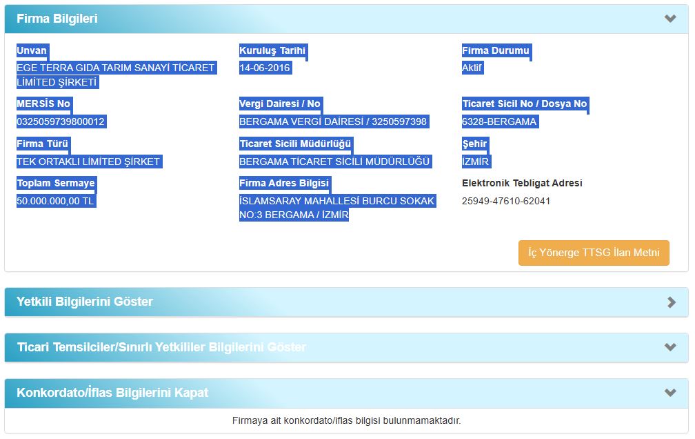Mersis Ekran Görüntüsü - Terra gıda