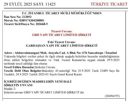 Gardaşsan_Yapının_GRD_Yapı_Olarak_Unvan_Değişikliği