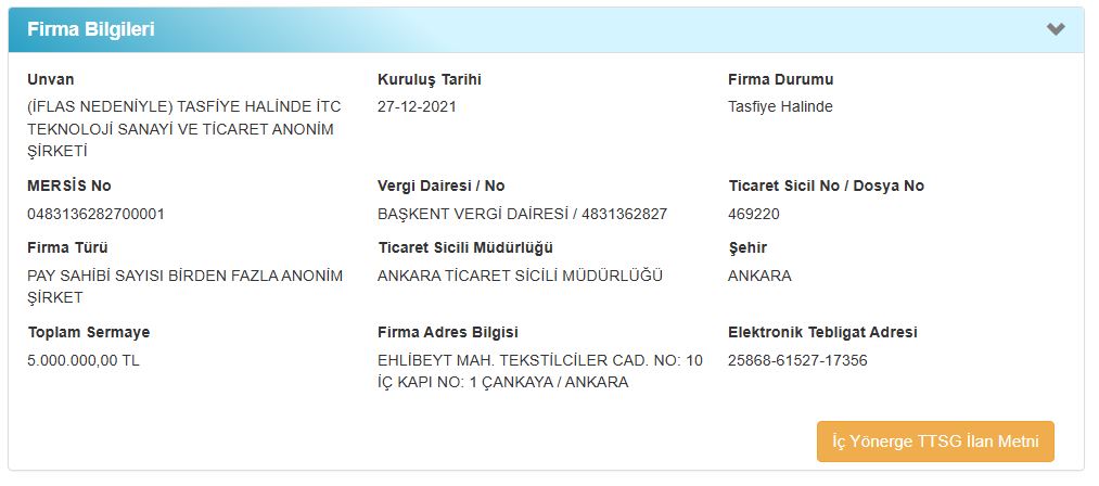 İTC Teknoloji Mersis Ekran Görüntüsü